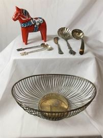 Swedish Decorative Horse Figurines, Silverplate Souvenir Spoons, and Roll Dish