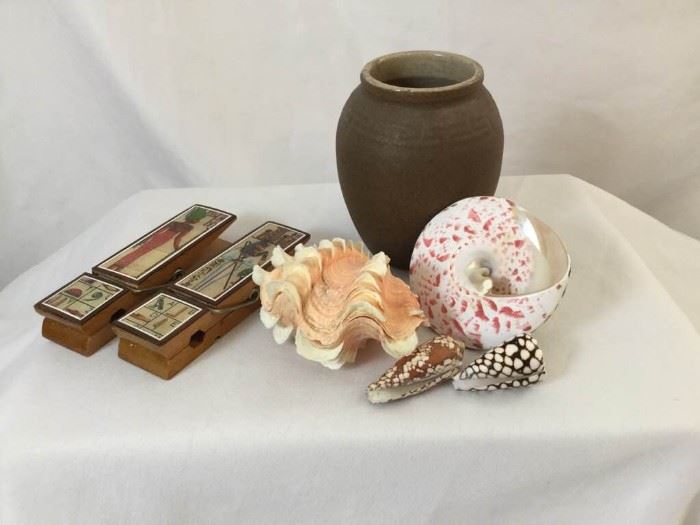 Vase, Shells, and Clothespin Style Letter Holders