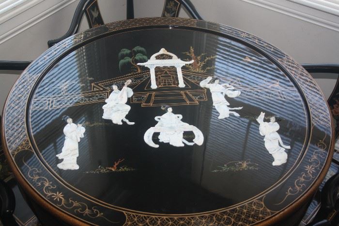 ASIAN MOTHER OF PEARL INLAID TABLE SET 4 CHAIRS + TABLE  