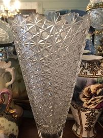 Pair of very large cut/pressed crystal fan shaped vases