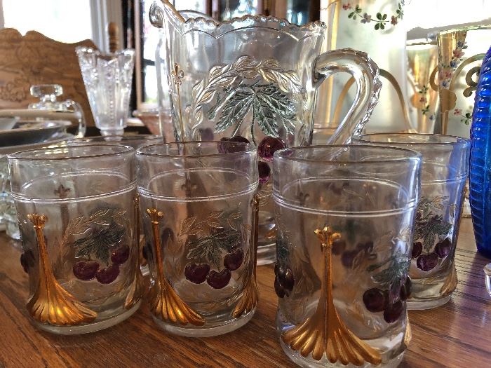 Painted Victorian pitcher and 6 glasses