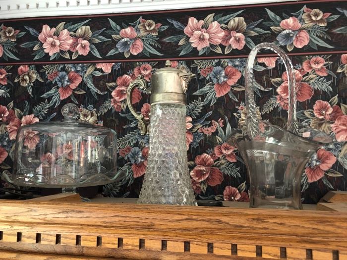 Tons of clear glass, pitchers, baskets, cake stands, vases
