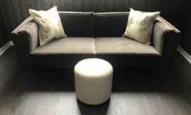 Blue Dot Design and Manufacturing MCM Style Custom-Made Mocha/Gray Velvet Sofa; Metal Peg Legs With Brushed Brass Finish; Polyurethane Foam Pads AND Crate And Barrel White Pleather Ottoman