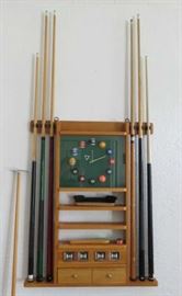 Oak Finish Cue Billiard Stick & Ball Wall Rack With Clock 