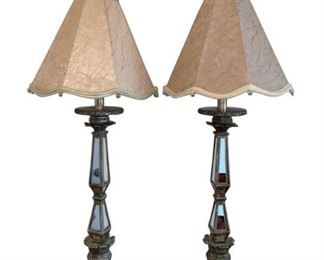 Pair of ornate mirror and lamps, one of the lamps has damage at the base and missing mirrors