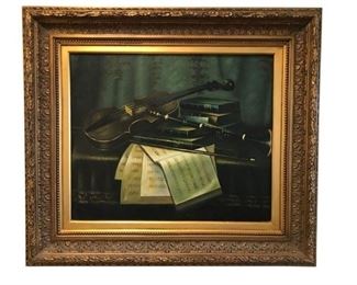 Signed, Original Oil Painting of Instruments and sheet music surrounded by a beautiful complimenting frame. Certificate of Authenticity included Registration # 24379