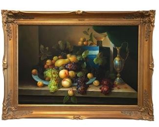 Still life oil painting, with surround decorative frame.