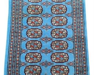 Unusual blue Bokhara rug, hand knotted, 100% Wool.  Great size for any door way or room decor. 2'1 x 3'1