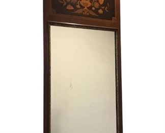 Italian, Exotic Wood Floral Inlay Mirror. Beautiful craftsmanship, Greek Key accent trim, and detailed banding.
