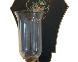 Attractive wood and brass sconce with a glass hurricane insert