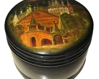 Round Russian Box, hand painted with signature 