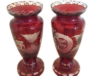 Pair of etched Ruby to Clear glass vases. Beautiful accent cuts on the base as well as the top. 