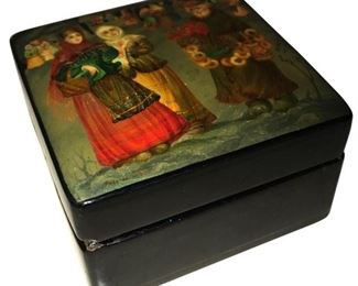 Russian, hand painted square box, Signed 