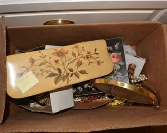 Vintage jewelry boxes, mirror, vanity items