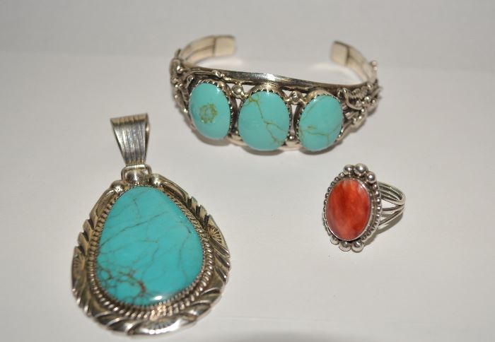 Lovely Southwest Turoquise and Coral Jewelry, Sterling