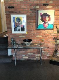 Two Bertha Cohen paintings.  Chrome and glass console table.