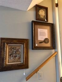 Framed antique, tooled leather hand mirror & more.