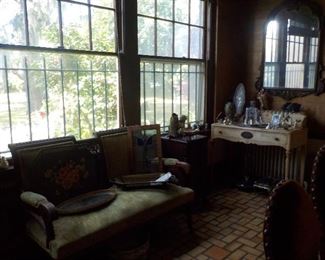 small writing desk and Victorian loveseat