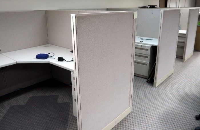 Hon Cubicle/Work Stations W/Electric & Ethernet Ports, Each Unit Has Desk And Shelf, Approx 55" x 67" x 75", Qty 7 With 2 And 3 Drawer Rolling Storage