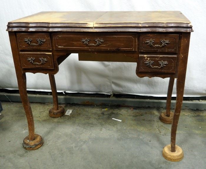 Antique 5 Drawer Sewing Table With Bi-Fold Top, 32" x 37" x 19" With 3 Drawer Storage Cabinet 33"x 19" x 18"
