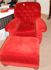 Furniture red overstuffed chair and ottoman