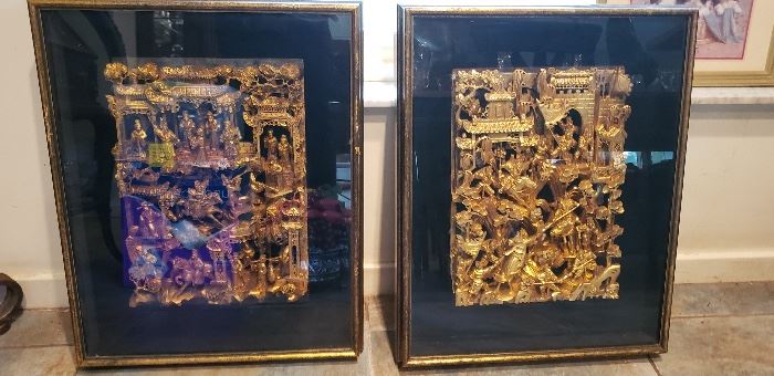 Intricately hand carved out of one single piece of wood from and  Asian Temple - depicting battles, horses, warriors temples, pagodas so much more - quite amazing - framed and glazed.