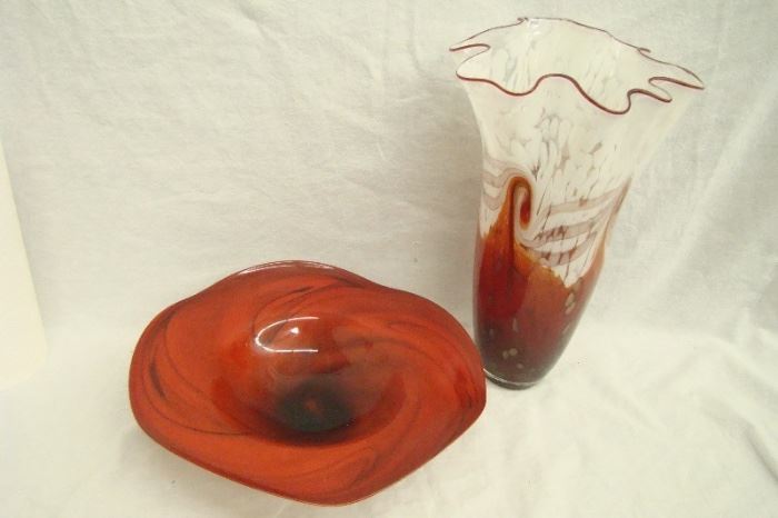 Red and Gold Murano Art Glass Bowl and Vase
