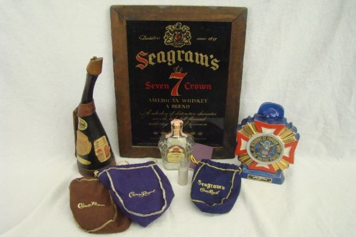 Rare Vintage Whiskey Bottles and Glass Sign VFW Etc
