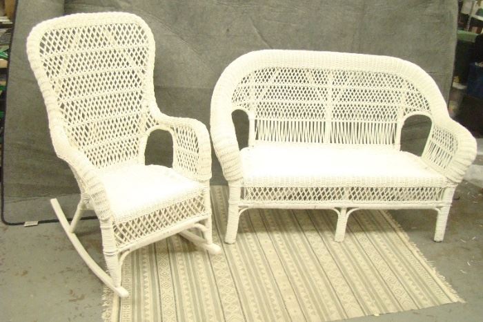 White Wicker Loveseat and Rocking Chair
