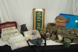 Large Fishing Lot with Tackle Boxes and Decor