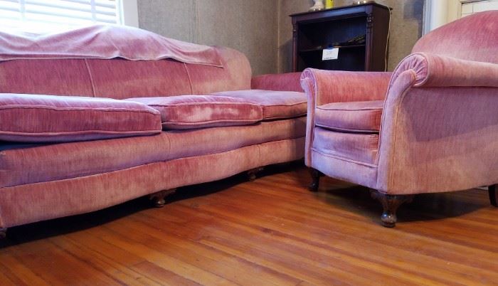 Vtg Pink Velour Sofa and Chair