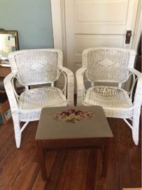Wicker Chairs and Needlepoint Covered Bench