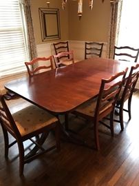 #10	double pedestal dining table w 1 leaf and pads 8 chairs 62-78x42x30	 $450.00 	