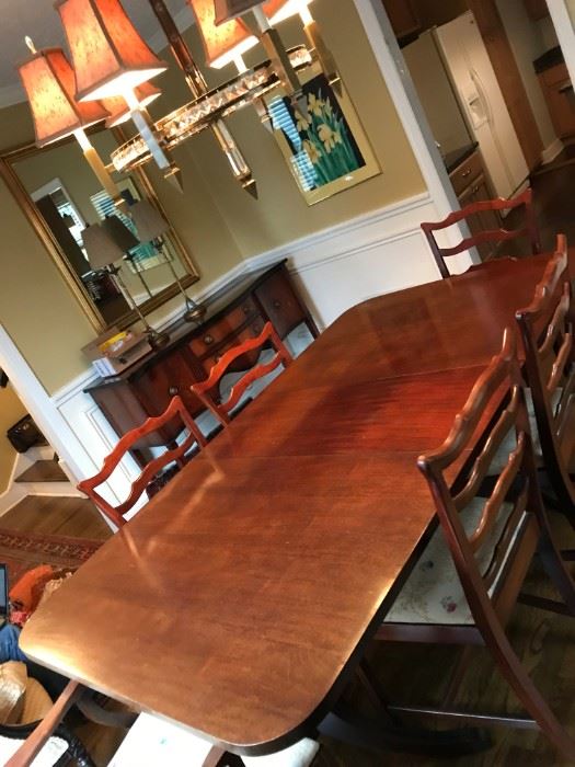 #10	double pedestal dining table w 1 leaf and pads 8 chairs 62-78x42x30	 $450.00 	