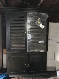 #66	large black painted wood armorie w doors 54x28x88 2 piece	 $120.00 	