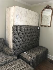 #52	black tan cream stripe pattern storage bench 48x16x16	 $120.00 	
	#54	black gold pattern button back queen headboard 	 $175.00 	
