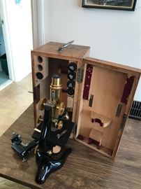 #15	Eleitz Ernst Leitz Microscope w/brass & 5 lenses in Case w/lock Vintage	 $400.00 
