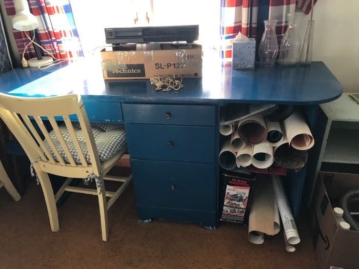 #52	homemade blue painted desk w 4 drawers and shelves 67x22x30	 $75.00 
