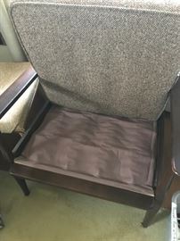 #60	mid century wood and brown cushion chair 	 $125.00 

