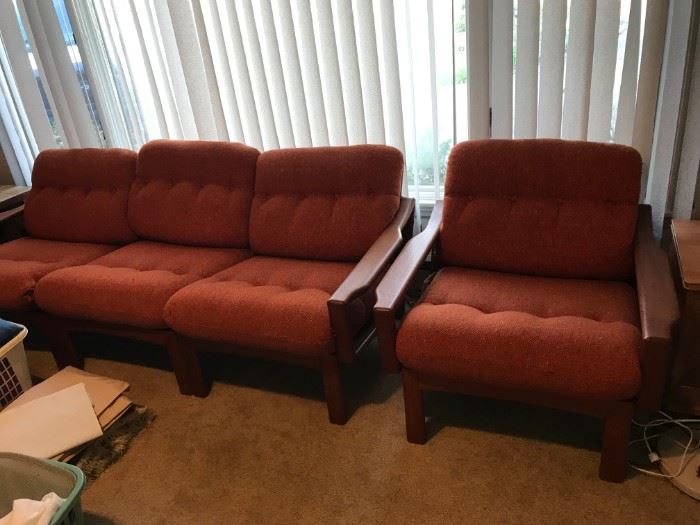 #81	mid century wood and orange cushion chair 	 $150.00 
#82	mid century wood and orange cushion sofa 78 long	 $300.00 
