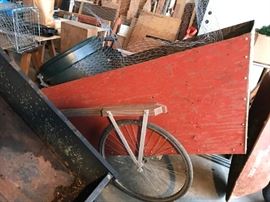 #112	Homemade Wood Red-Painted Hand Pull Cart  - 35x57	 $75.00 
