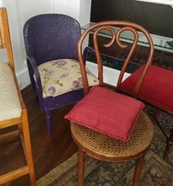 19th century Bistro Cane chair, Purple wicker, taller cushioned wicker back