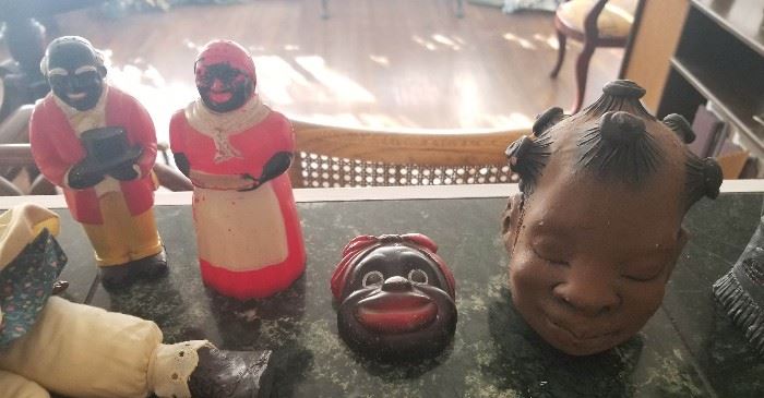 Vintage Aunt Jemima and Mose Salt & Pepper shakers, Chalkware face, pottery items