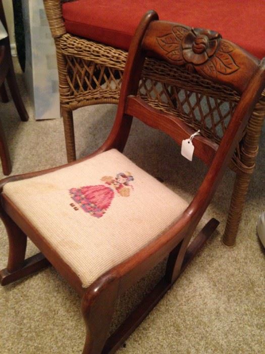 Duncan Phyfe style child's rocker with needlepoint girl seat