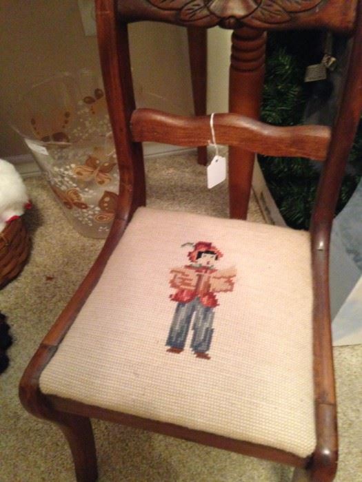 Duncan Phyfe style child's straight chair with needlepoint boy seat