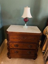 Oak 3 drawer chest, marble top, hand carved drawer pulls