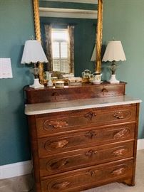 Antique 4 Drawer Oak Dresser with Marble top..Hand carved drawer pulls.