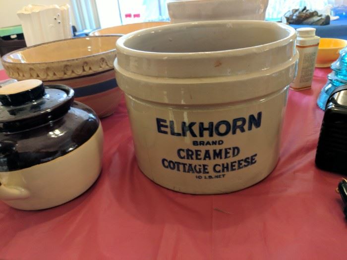 Stoneware crock advertising Elkhorn Cottage Cheese. Items like this are hard to come by. This one, like many of the collectibles in this estate, were packed in boxes for the past 30 years.
