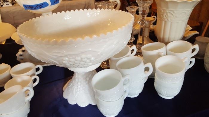 Cherry and Pineapple Milk Glass Punch Bowl with glasses