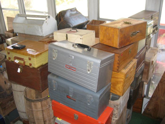 Lots of toolboxes, vintage and new, metal boxes of all sizes, nail barrels, coke, 7up, ammo, and fruit crates.